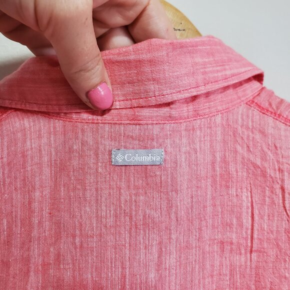 COLUMBIA NWT Camp Henry Short Sleeve Shirt Button Front Cotton Pink Womens Large - Picture 8 of 13